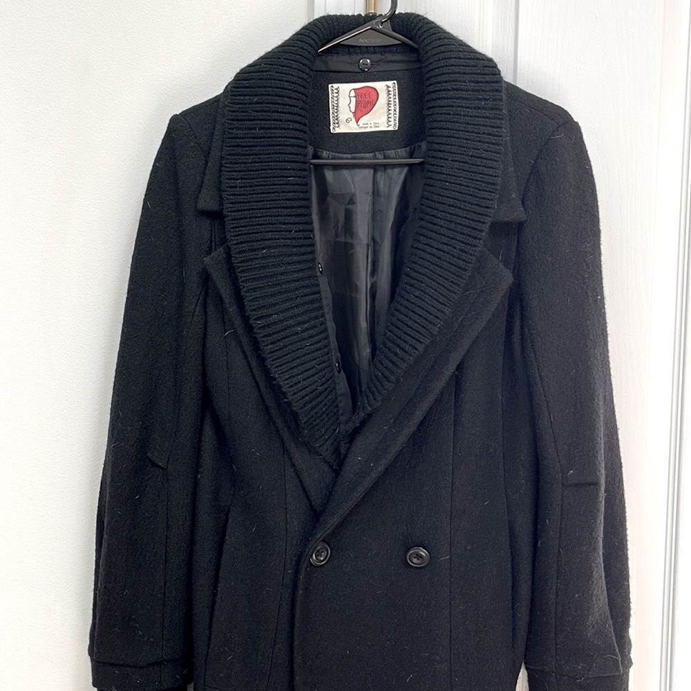 Free People Gianna Black Wool Blend Pea Coat